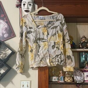 Caribbean Joe Yellow and Gray Floral Blouse